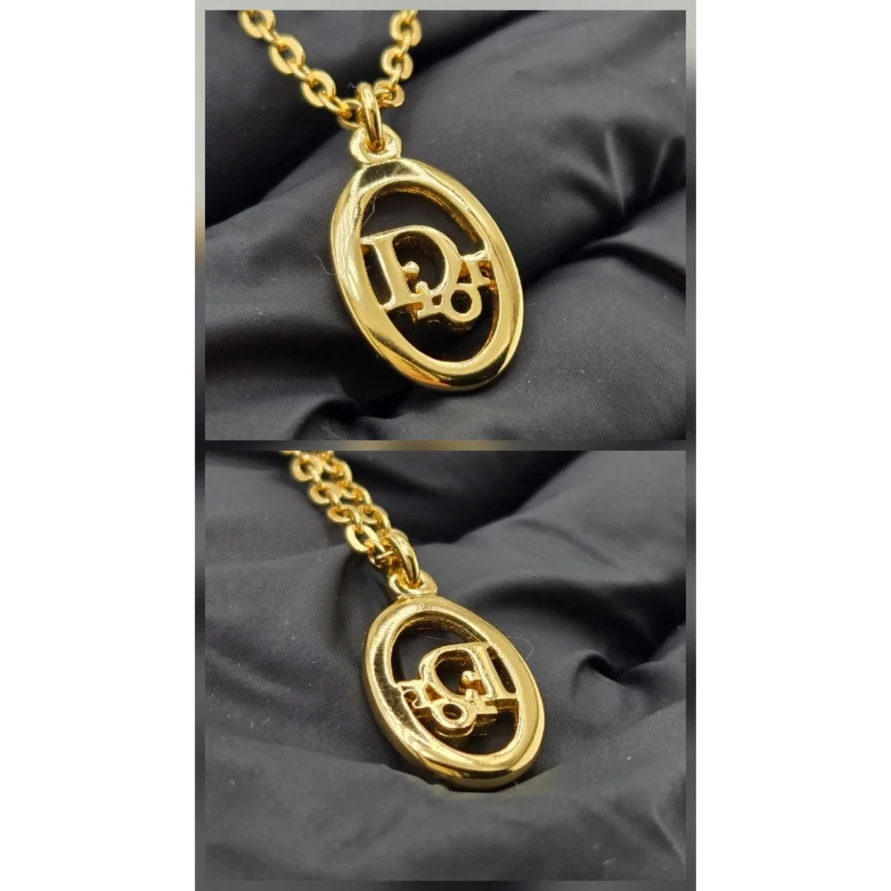 Christian Dior Gold Tone Oval Logo Pendant Necklace Adjustable Chain Vintage